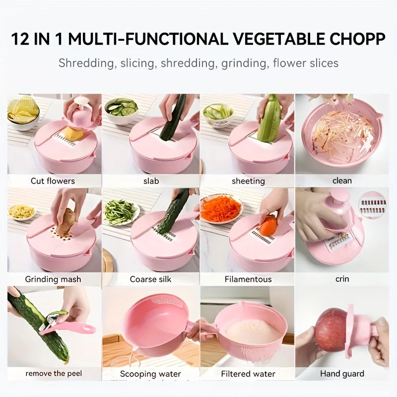 Multi-Funcional vegetal Chopper e Slicer, perfeito para cozinhas comerciais, corte, trituração, ralando, cenouras, 12 em 1