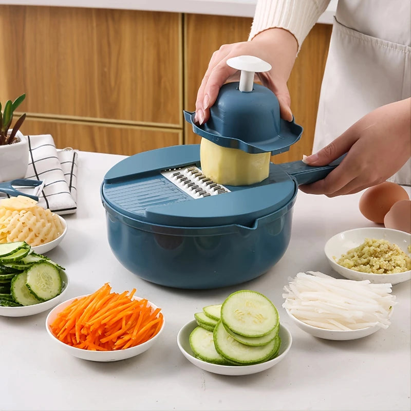 Multi-Funcional vegetal Chopper e Slicer, perfeito para cozinhas comerciais, corte, trituração, ralando, cenouras, 12 em 1